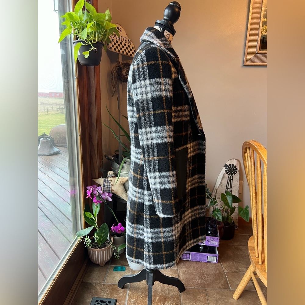 NWT Calvin Klein Plaid Faux-Leather-Pocket Walker Coat Wool Blend Black XXS - Picture 2 of 16